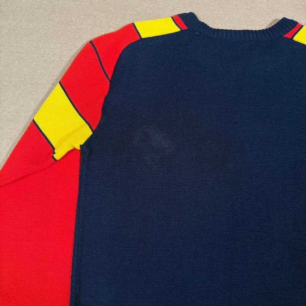 Vintage 80s Color Block Acrylic Sweater Navy Red Yellow Size S Made in Taiwan